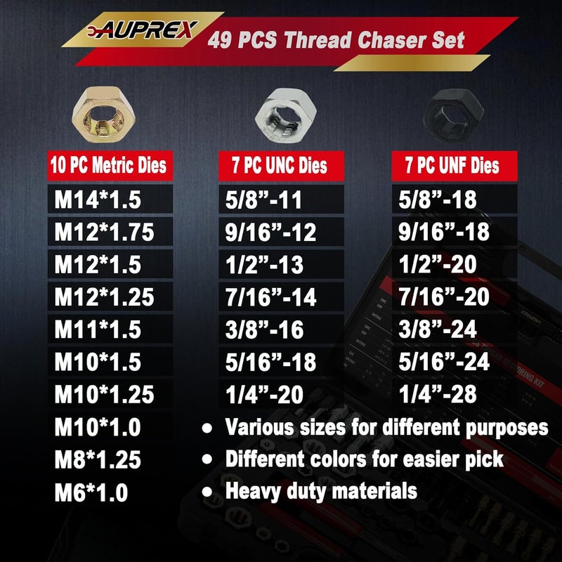 AUPREX 49Pcs Thread Chaser Set, UNC, UNF & Metric Thread Repair Kit with Taps, Dies and Thread Files for Re-Threading, Universal Metric and SAE Thread Chaser Kit - Image 3